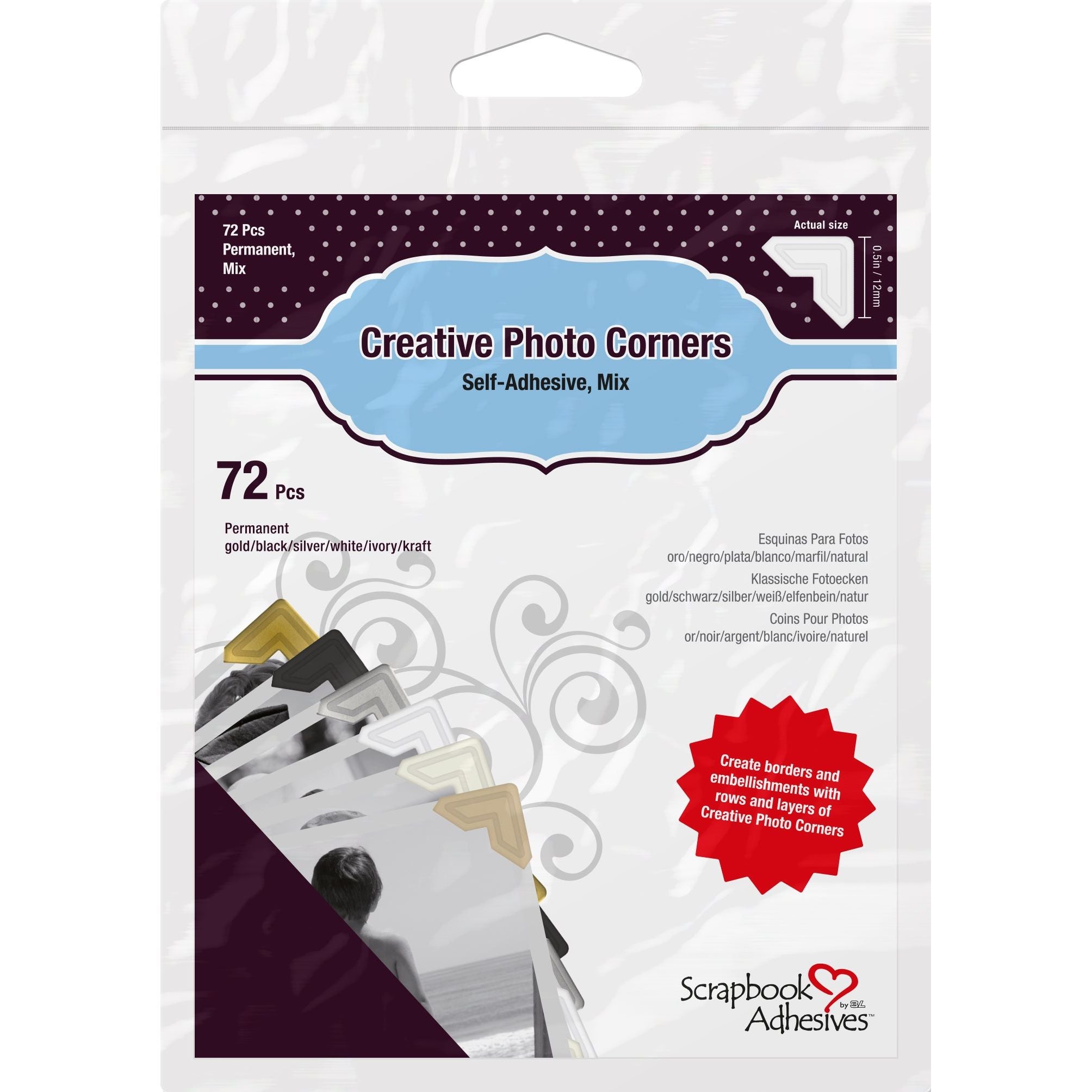 Creative Photo Corners, 72 Qty, embossed paper, self-adhesive