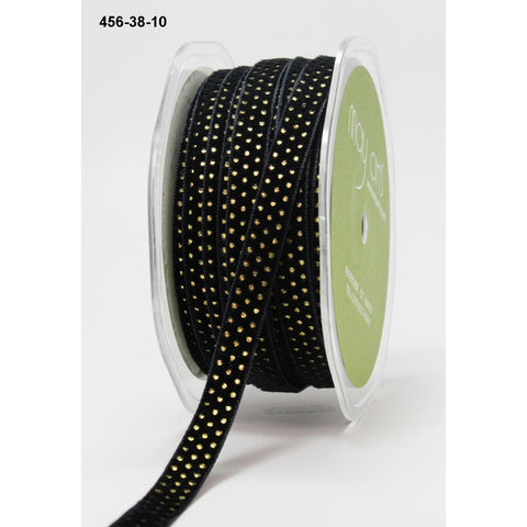 Ribbon - 3/8 Velvet with Metallic Gold Mini Dots with Woven Edge - Black