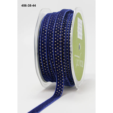 Ribbon - 3/8 Velvet with Metallic Gold Mini Dots with Woven Edge - Royal Blue