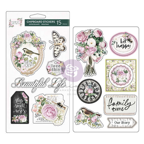 Prima - Serene Petals Collection - Chipboard Stickers – Garden Whispers – 15 pcs