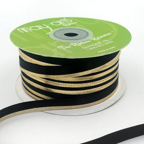 Ribbon -3/8″ Single Faced Satin Gold Foil Stripe Ribbon - 685-38