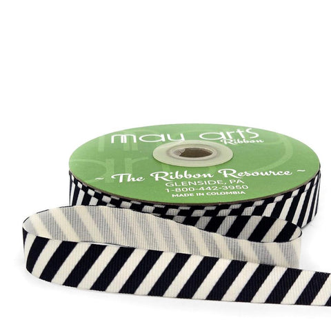 Ribbon- 5/8 Inch Modern Diagonal Striped Grosgrain Ribbon with Woven Edge - Black / Ivory 787-58