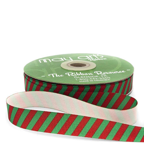 Ribbon- 5/8 Inch Modern Diagonal Striped Grosgrain Ribbon with Woven Edge  Red/Green - 787-58