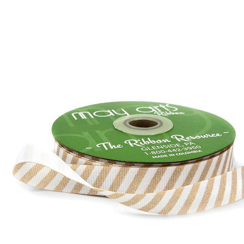 Ribbon- 5/8 Inch Modern Diagonal Striped Grosgrain Ribbon with Woven Edge - Champagne /White- 787-58