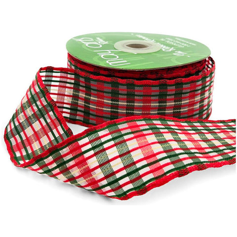 Ribbon - 1.5 Inch Sheer Christmas Plaid Check Ribbon with Woven Edge - 763-15